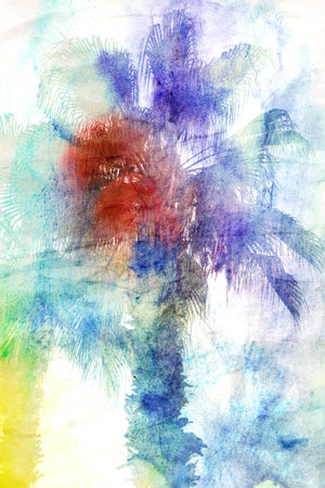 Beautiful watercolor palm trees in Asia on the tropical islandの写真素材