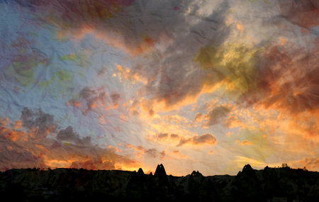 Beautiful sunset with bright light in rustic fieldの写真素材