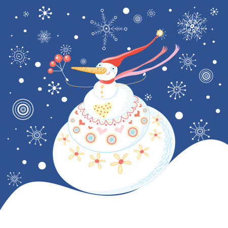 bright funny greeting card with a snowman on a blue background with snowflakesのイラスト素材