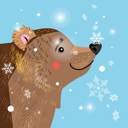 Vector illustration of a brown bear among the snowflakesのイラスト素材