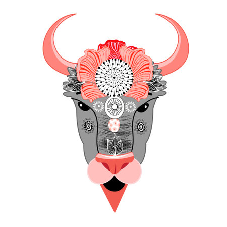 Vector illustration of a bison with ornamentのイラスト素材