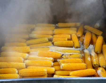 Tasty boiled corn in hot water with steamの写真素材