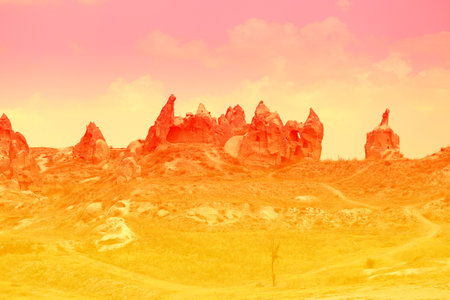Beautiful views of the mountains in Cappadocia in Turkeyの写真素材