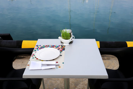 Beautiful green grass stands on restaurant table by the sea