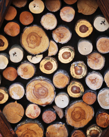 Beautiful round wooden stumps photographed close up