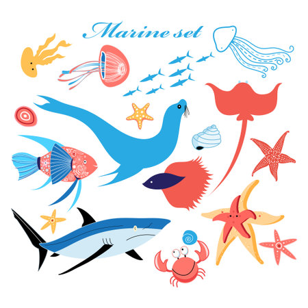 marine set of beautiful fish in the seaのイラスト素材