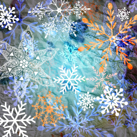 winter graphic background with different snow snowflakesの写真素材