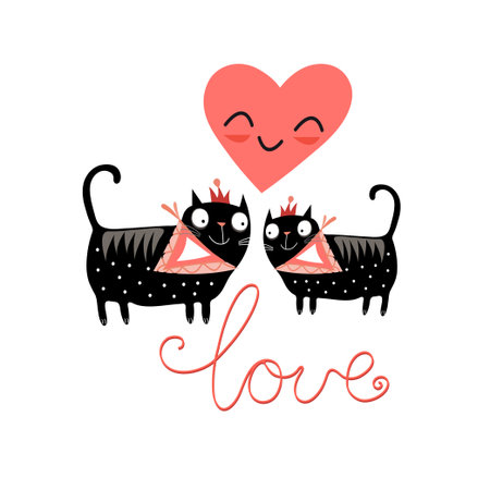 love cats and heart on a blue background with cloudsのイラスト素材