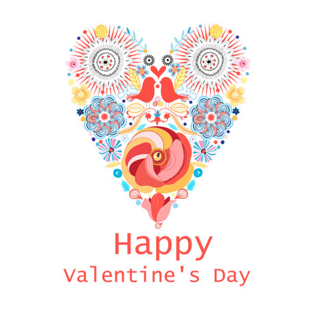 Floral heart of flowers. Valentine s day card, herbs and flowers. Valentine s Day greeting card template. Flowers in the shape of a heart.のイラスト素材