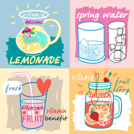 Different fruit drinks - Hand drawn style. Vector illustration.のイラスト素材