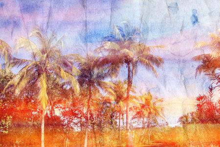 Retro watercolor tropical palms on the island paradise. Aged vintage photo of palm treesの写真素材