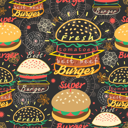Graphic seamless pattern bright tasty burgers on a dark backgroundのイラスト素材