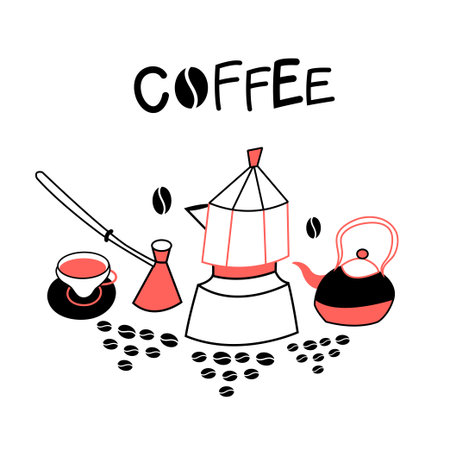 Graphic background with coffee appliances on a white backgroundのイラスト素材