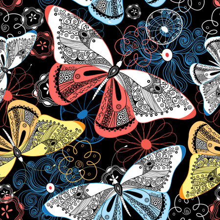 Lovely graphic pattern fancy butterflies on a dark backgroundのイラスト素材