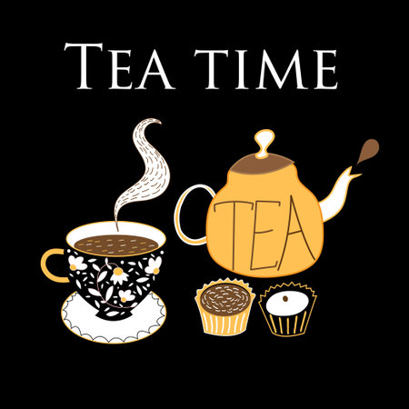 Graphic background with a teapot and cup of tea on a dark backgroundのイラスト素材