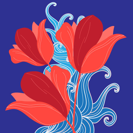 Graphic bouquet of red tulips on a blue backgroundのイラスト素材
