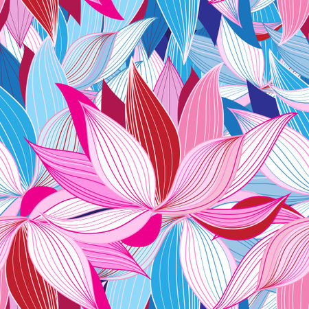 Vector seamless pattern beautiful pink lotus flowers on a black backgroundの写真素材