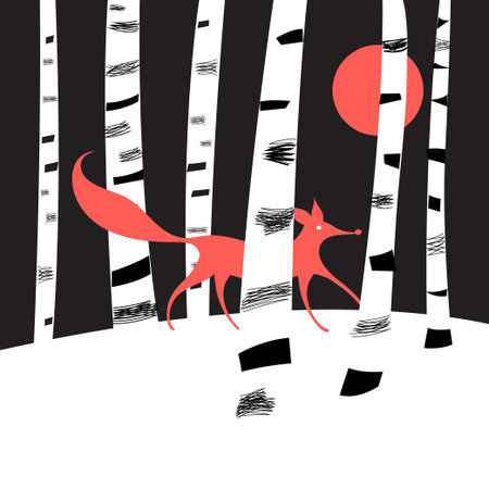 Background with birch trees and red Fox in the woodsのイラスト素材
