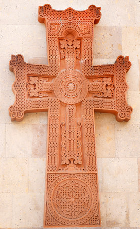 Ornamental stone Christian cross in the Templeの写真素材