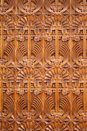 Wooden background with ornaments on the churchの写真素材