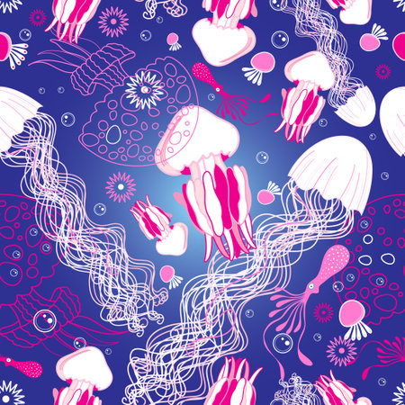 Seamless graphic pattern with jellyfish on a blue backgroundのイラスト素材