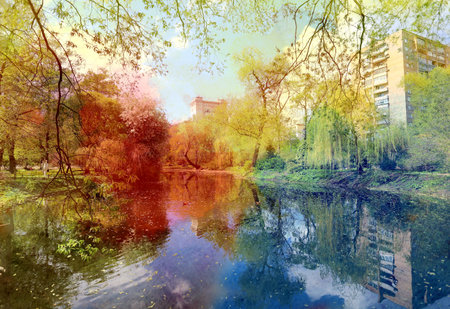 Photo of an old pond in the park in springの写真素材