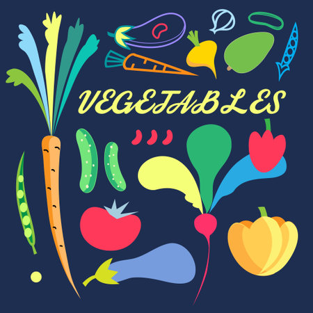 Vector background with bright colored vegetables on a dark backgroundのイラスト素材