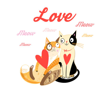 Lovers Funny cats with hearts on a white backgroundのイラスト素材