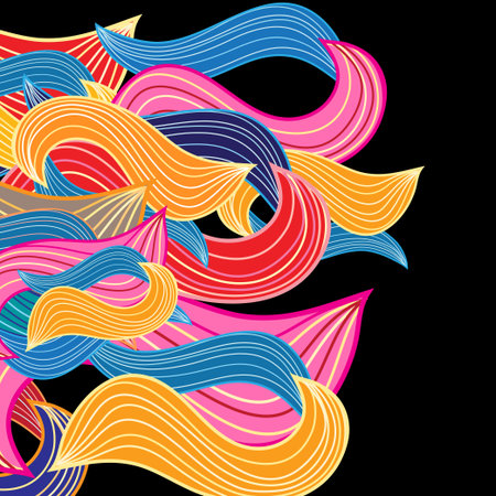 Graphic pattern of different waves and curls on a dark backgroundのイラスト素材