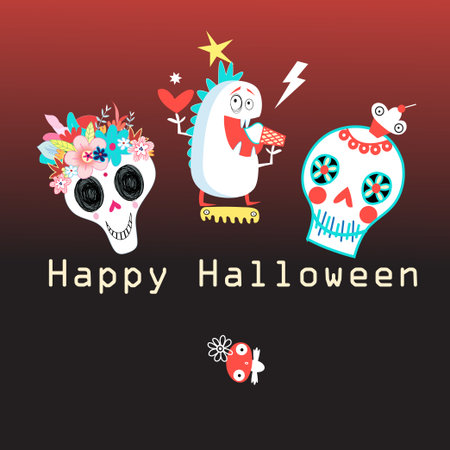 Greeting card with monsters and skulls on a dark backgroundのイラスト素材