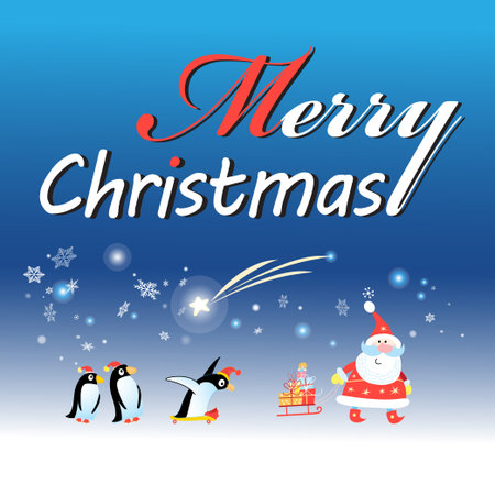 Bright Christmas card with Santa Claus and a penguin on a blue backgroundのイラスト素材