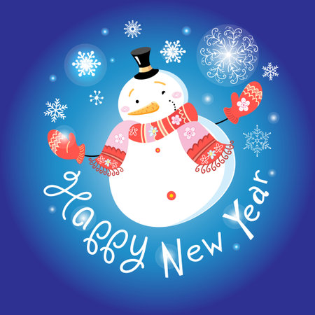 Merry Christmas card with a great snowman on a blue backgroundのイラスト素材