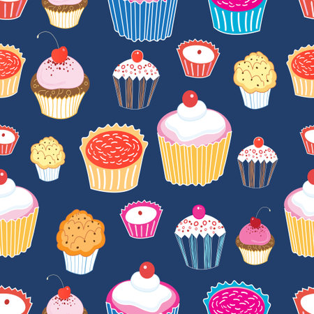 Seamless graphic vector pattern of different cakes on a blue backgroundのイラスト素材