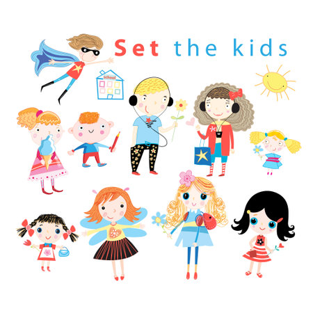 Graphic set of different funny kids on a white backgroundのイラスト素材