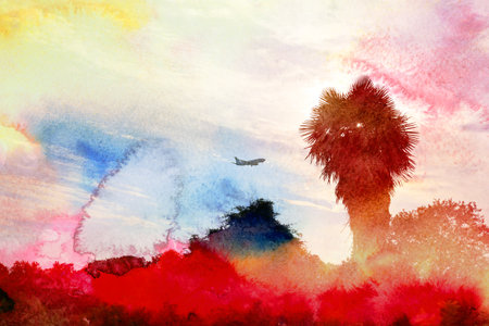 watercolor backgrounds with palm trees and a plane in the skyの写真素材