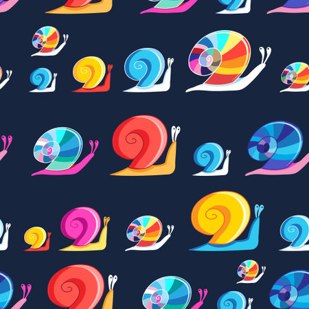 Beautiful pattern with colorful snails on a dark backgroundのイラスト素材