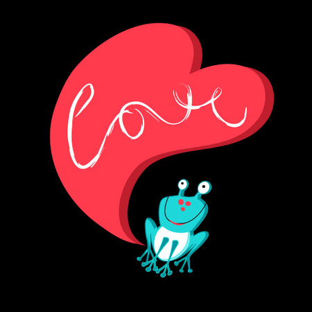 love with a frog with a huge heart on the dark backgroundのイラスト素材