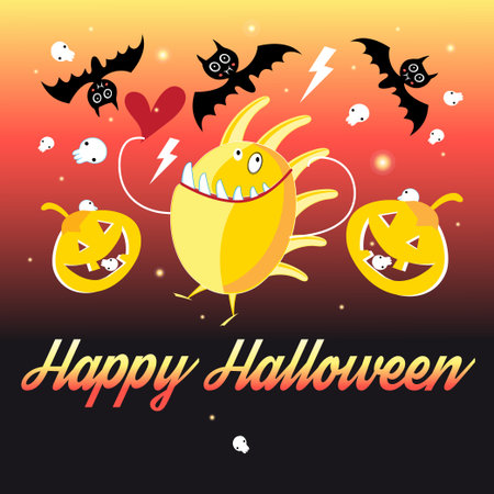 Bright fun card with monsters and pumpkins on a fiery backgroundのイラスト素材