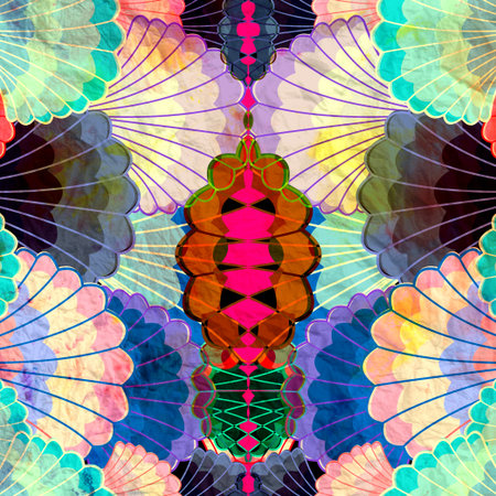 Watercolor multicolored abstract fantastic patterns on a dark backgroundの写真素材