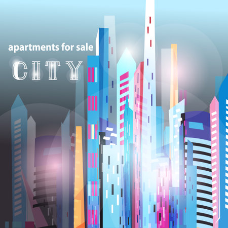 Bright colorful city on a blue backgroundのイラスト素材