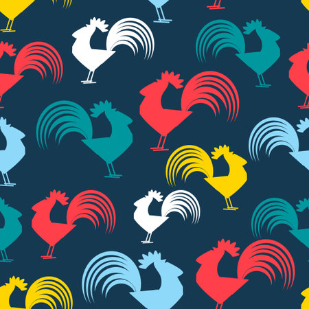 Seamless graphic pattern with bright cock on a black backgroundのイラスト素材