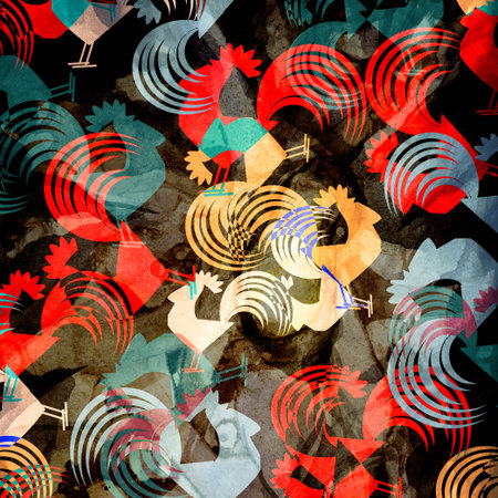 Watercolor bright background with different patterns cocksの写真素材