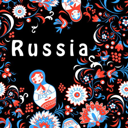 Russian decorative background with flowers and dollsのイラスト素材