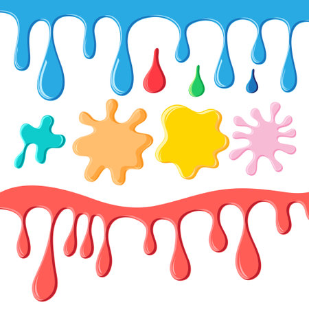 Vector set of splashing drops of colored ink on a white backgroundのイラスト素材