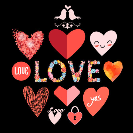 Vector set of hearts of other elements on a black backgroundのイラスト素材