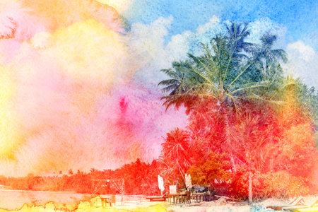 Retro photo of palm trees on a tropical islandの写真素材