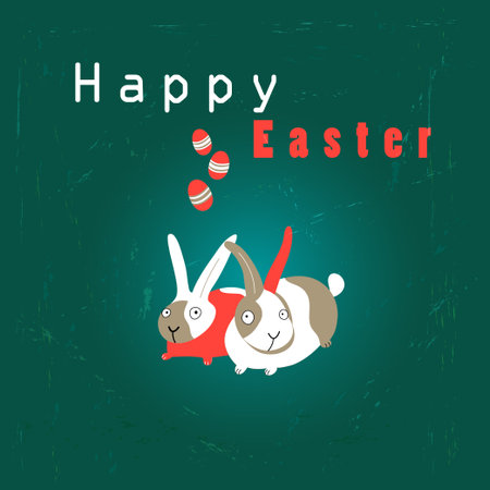 Easter card with rabbits and eggs on a green backgroundのイラスト素材