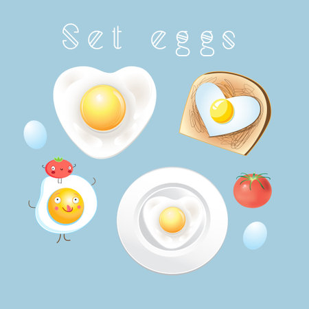 Graphic set of different tasty scrambled eggs on a light backgroundのイラスト素材
