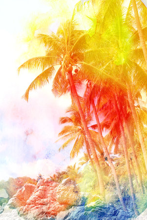 Retro photo of palm trees on a tropical islandの写真素材