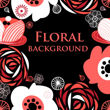 Beautiful background with blooming graphic flowers on a dark.のイラスト素材